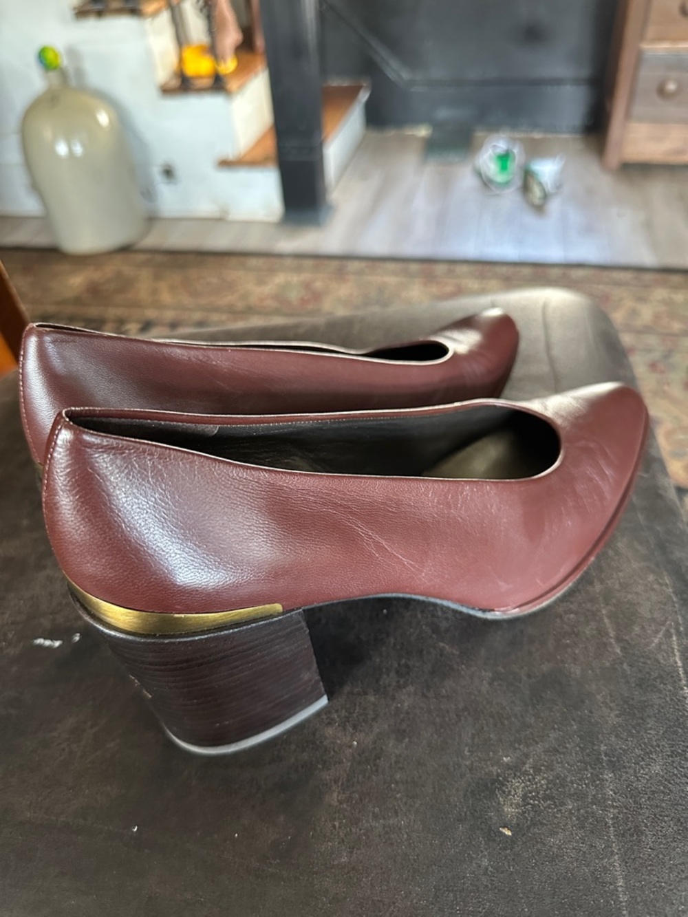 Stuart Weitzman Dark Brown Leather Block Heel Pumps with Gold Accent - Picture 10 of 11